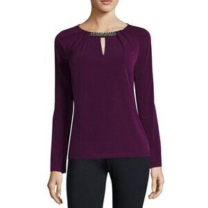 Liz Claiborne Career Purple Keyhole Embellished Top Shirt Blouse Size‎ M Work